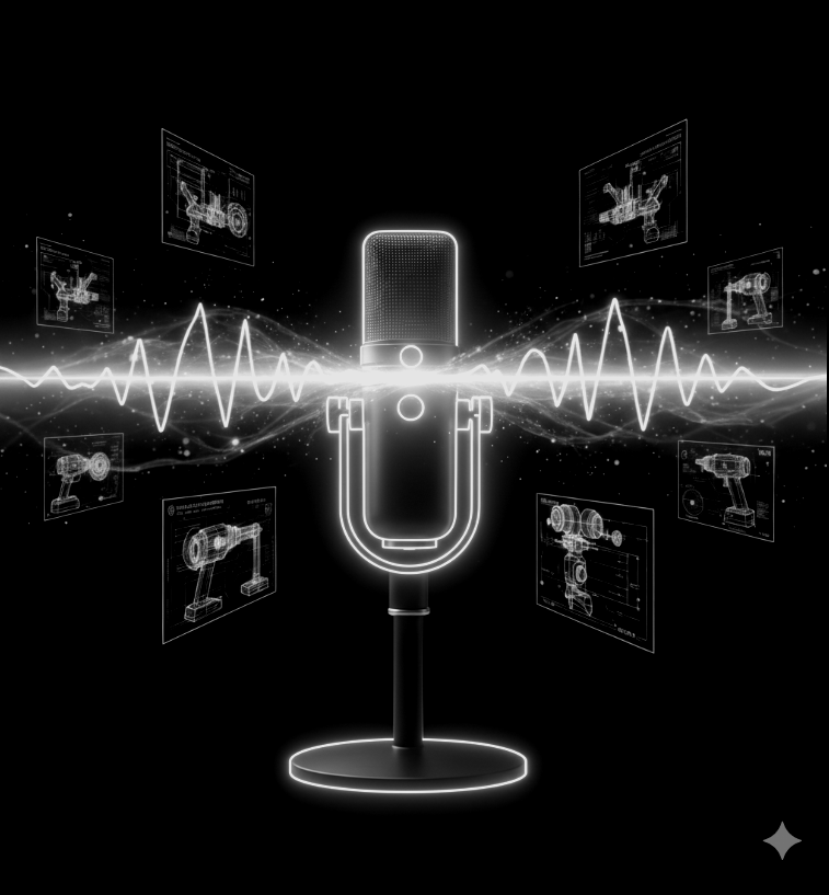 Futuristic AI-powered microphone with holographic displays and sound waves representing KRAFZEN's innovative engineering solutions